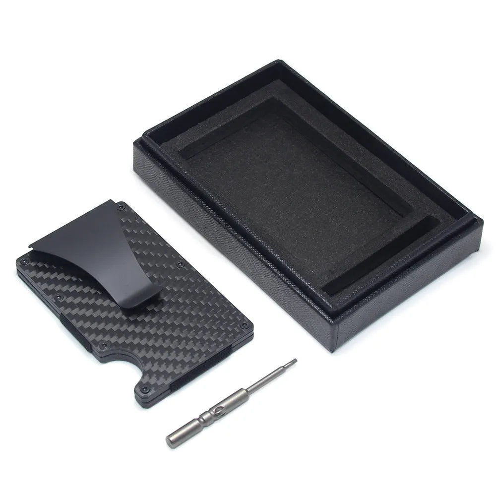 Geometric carbon fibre business card holder showing 8mm thickness with multiple colour finish options