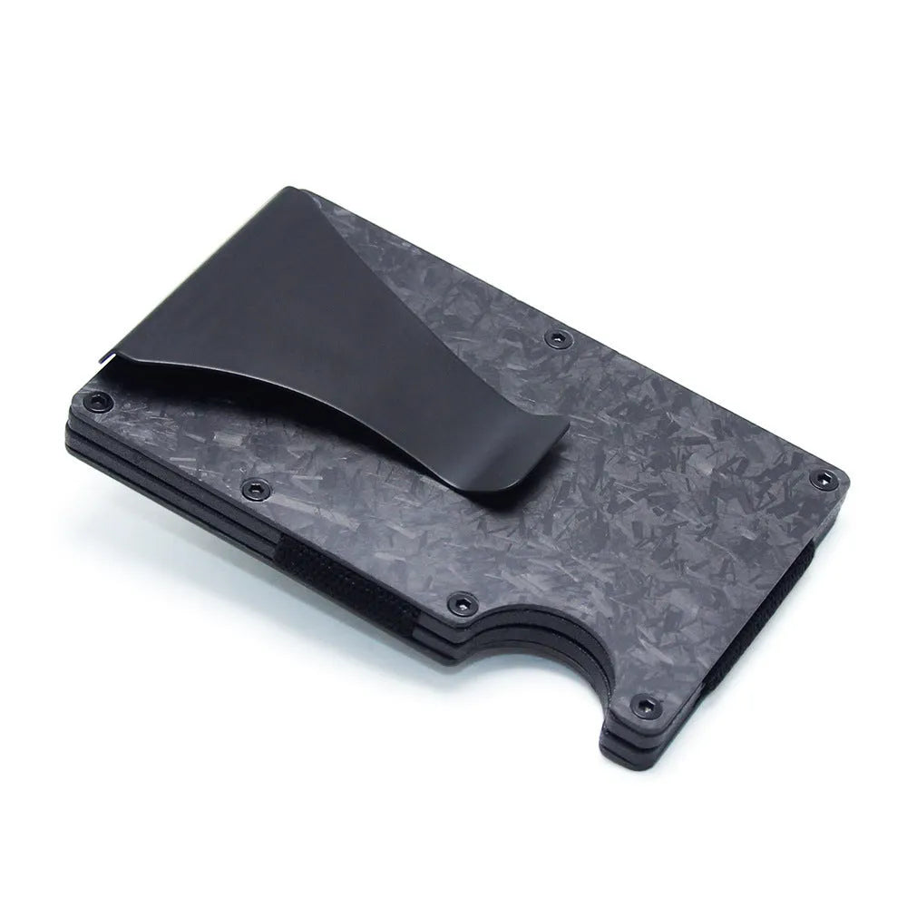 Geometric carbon fibre business card holder showing 8mm thickness with multiple colour finish options