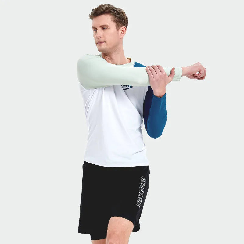 Men's white long sleeve swim top with matching colour-blocked swimming trousers