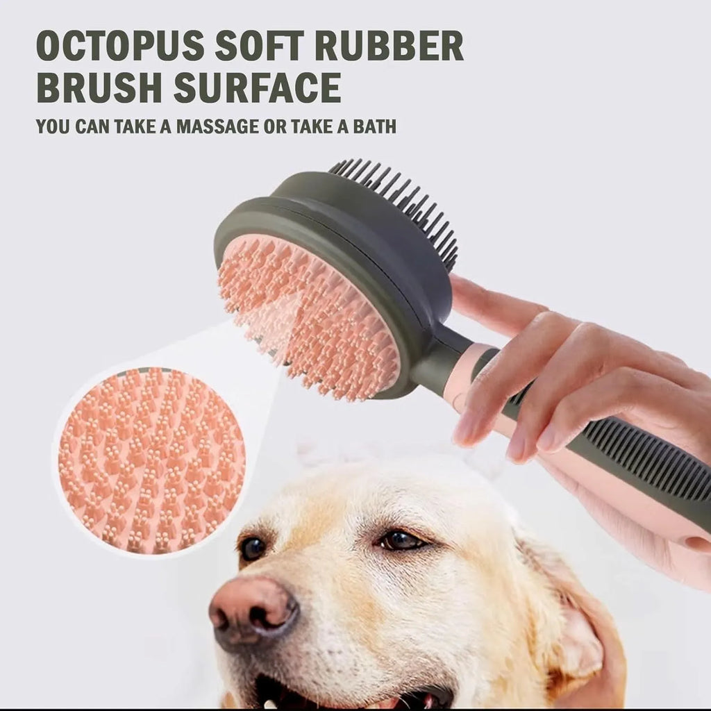 Double-sided cat brush with release button and flea comb for pet grooming