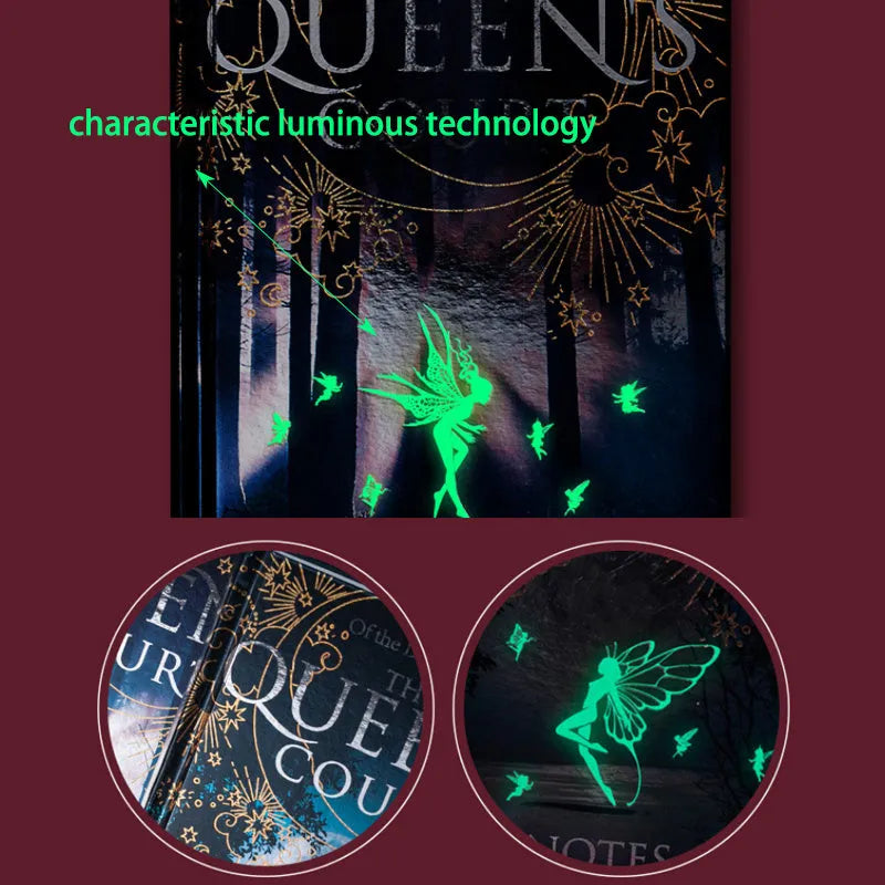 Blue and purple luminous hardcover A5 notebook open to show full-colour illustrated pages.