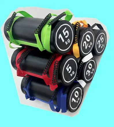 Flat white PVC fitness training sandbag for weight lifting and strength conditioning.