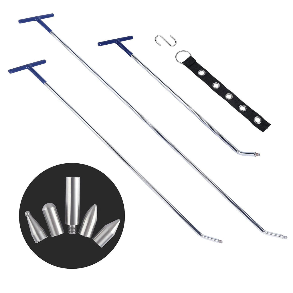 Three alloy steel car dent repair crowbars of different sizes on a workshop surface