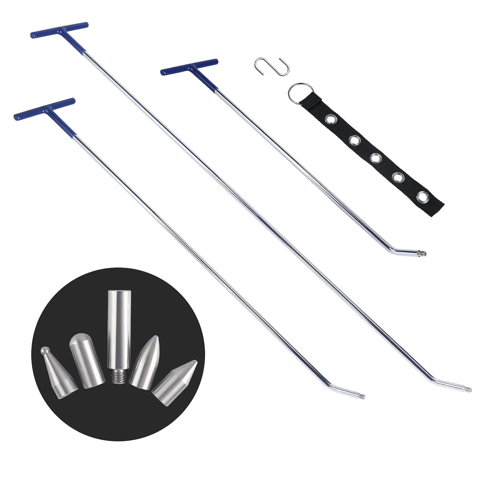 Three alloy steel car dent repair crowbars of different sizes on a workshop surface