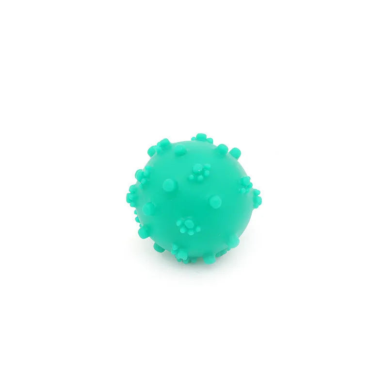 Bright coloured spiked dog ball toy with squeaker for small dogs on grass