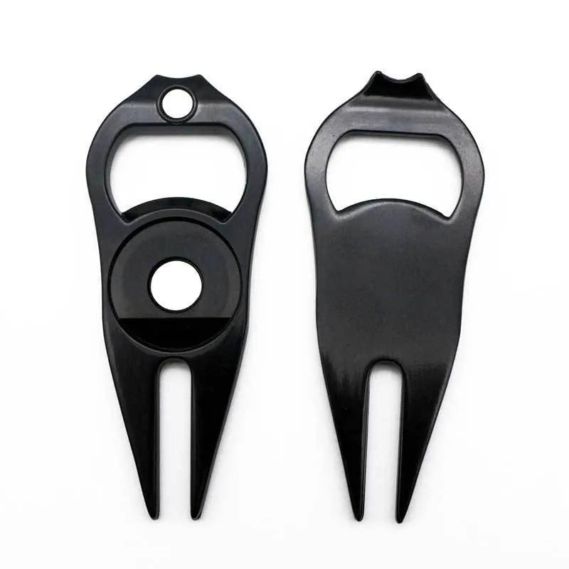 Zinc alloy golf ball fork bottle opener tool with ball marking coins in black, green or silver