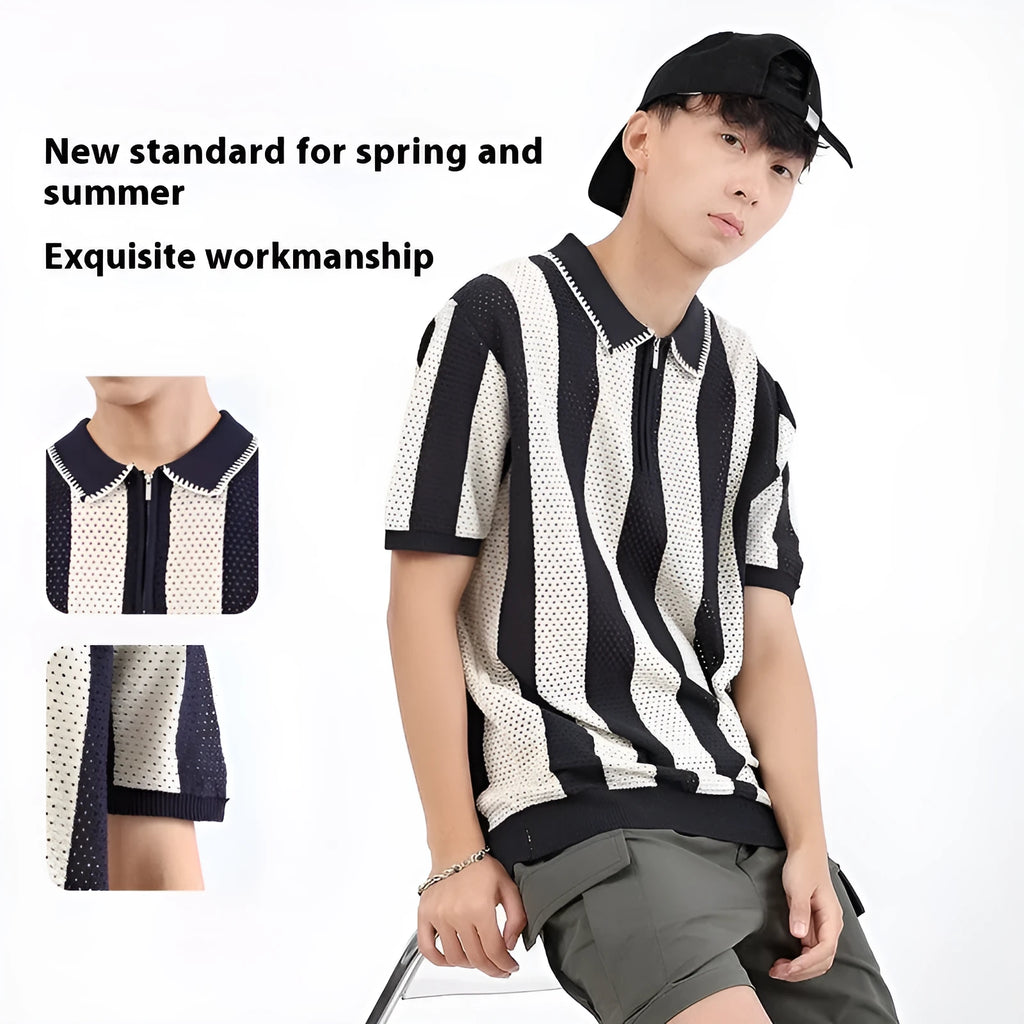 Man wearing a short sleeve striped viscose sweater with zipper details in sapphire blue
