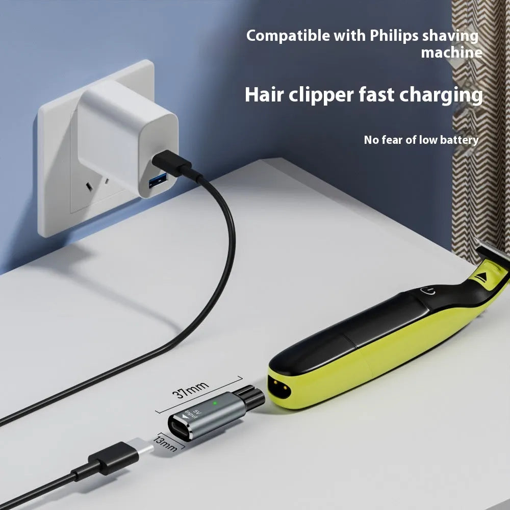 Black aluminium USB-C charging adapter for electric shavers with 8W 4.3V output.