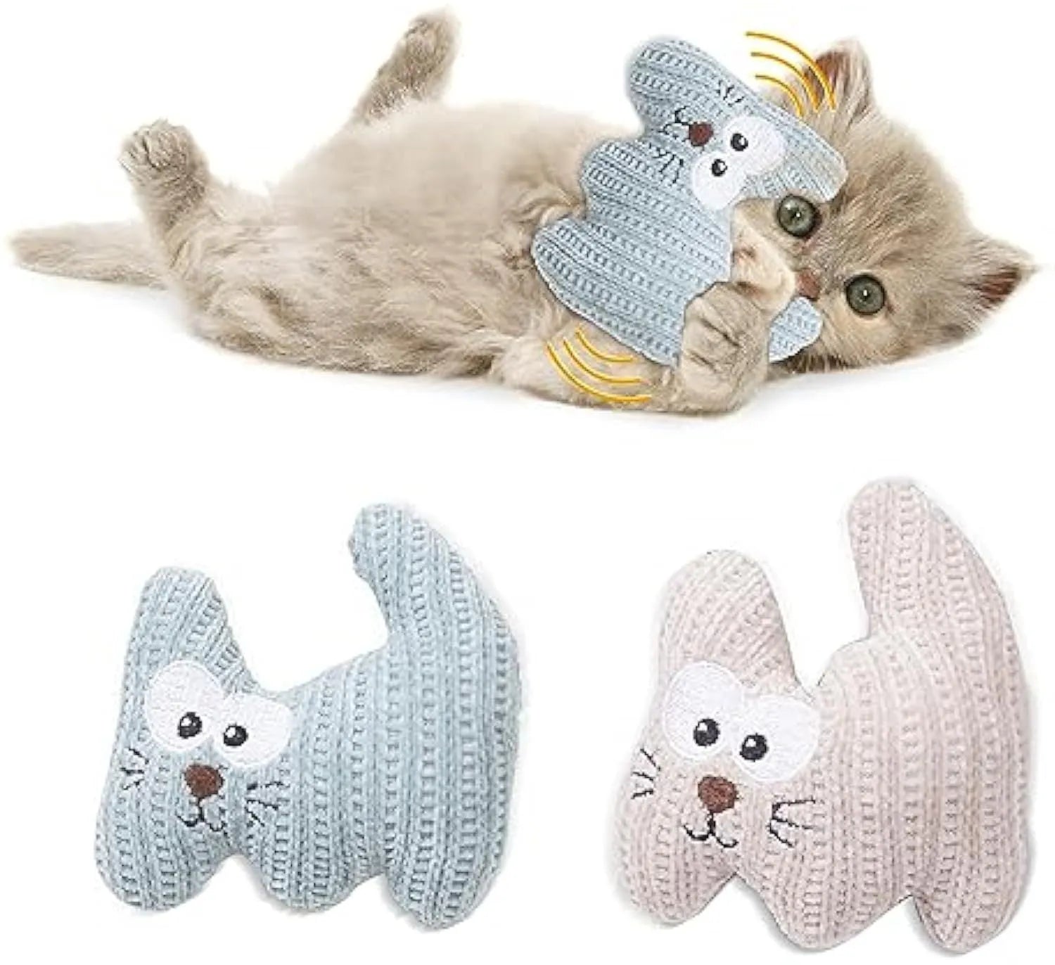Knitted plush catnip toy with bell in cyan colour, shown next to a 12 cm ruler for scale