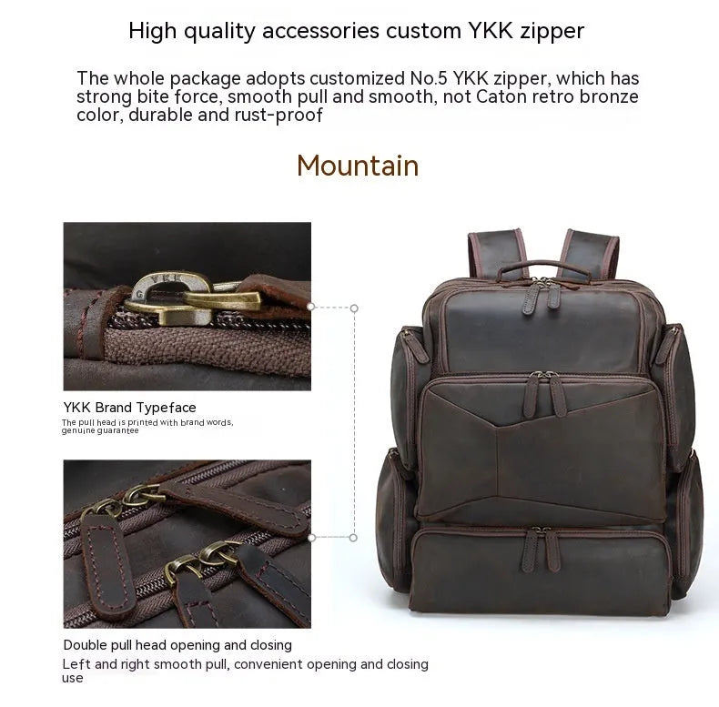 Dark brown retro genuine leather backpack for men with a 17-inch laptop compartment.