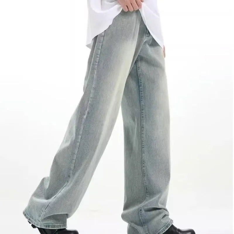 Blue loose-fit retro casual trousers with an elasticated waistband on a mannequin.