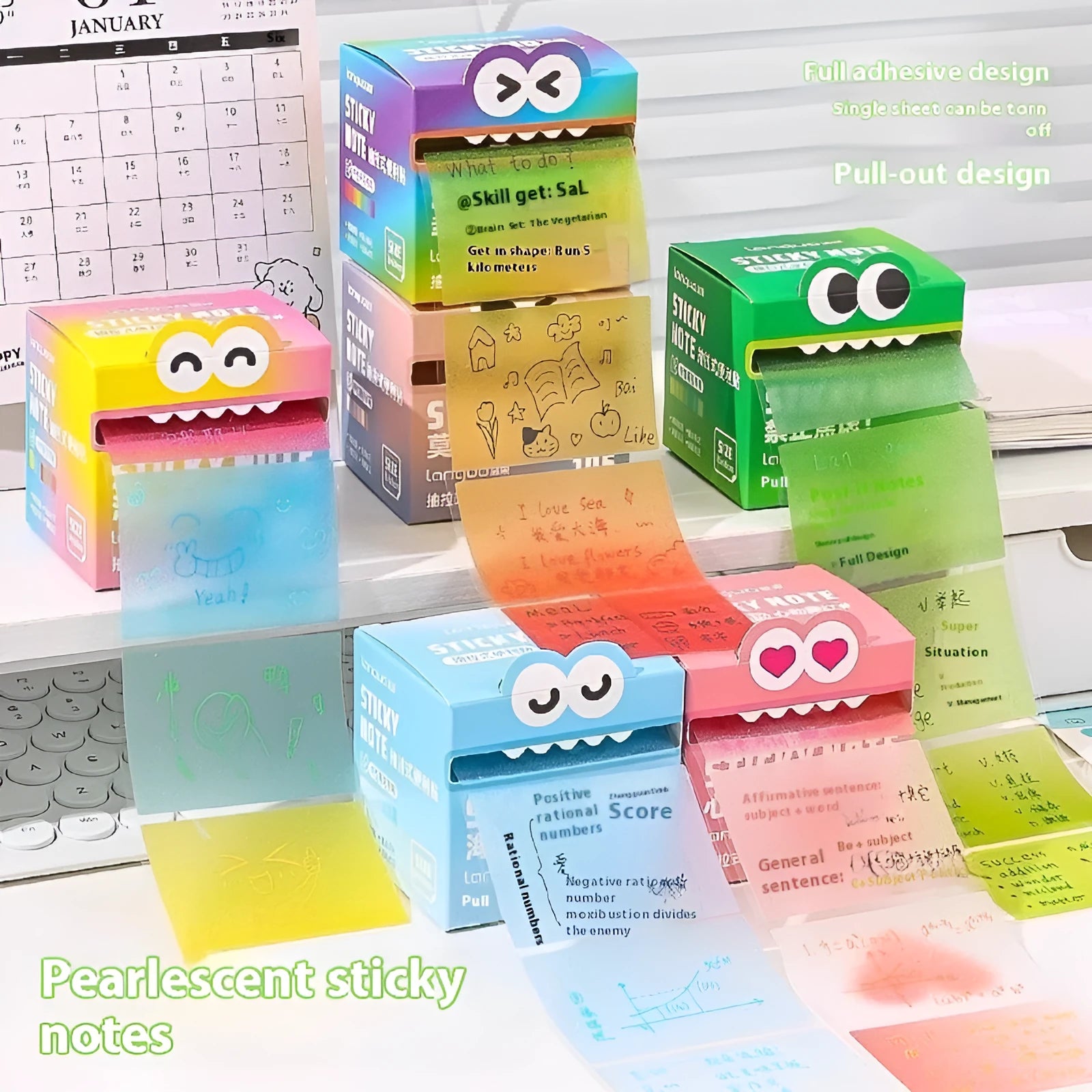Box of pearl gradient transparent pull-out sticky notes for students, showing 105-page pad and colour options.