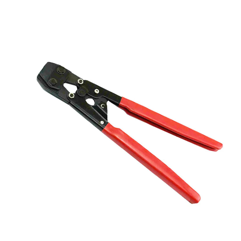 Red cloth finished single ear PEX clamp set with metal construction and carbon steel cutting edge
