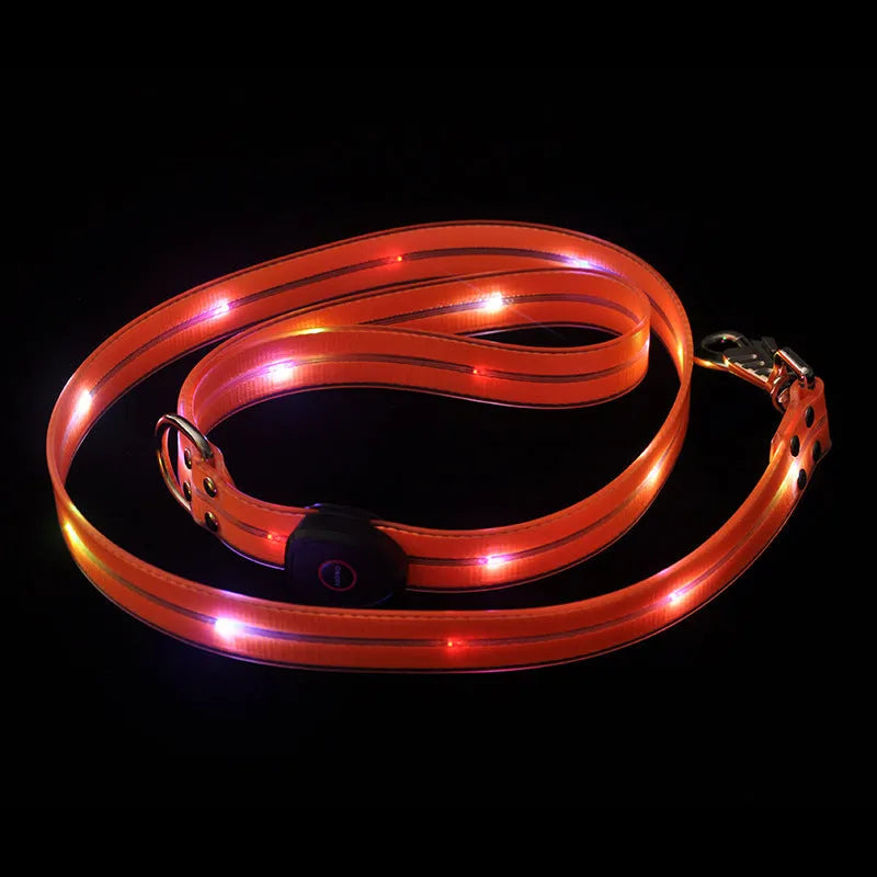 Luminous PVC dog collar and leash in fluorescent green with hand strap, showing 25cm width