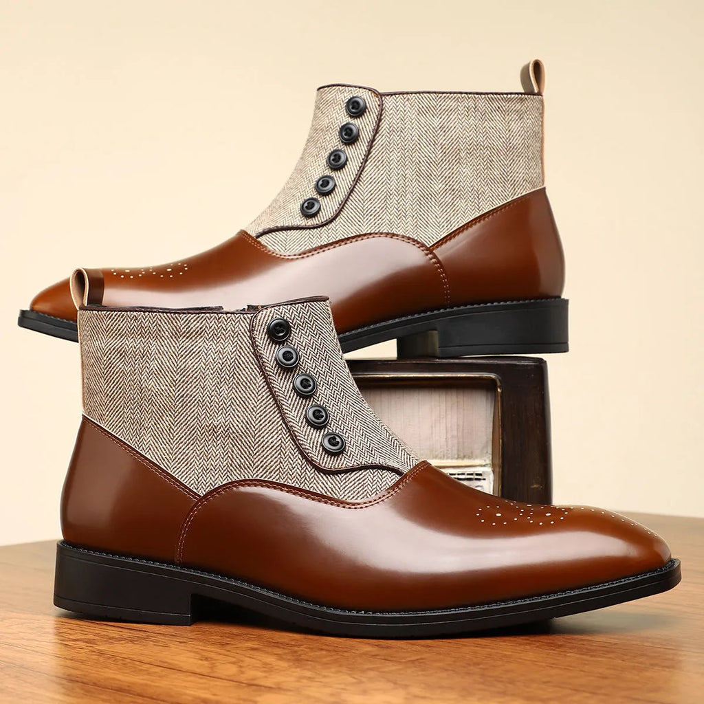 Men's brown retro formal shoes with side zipper and square toe on a rubber sole.