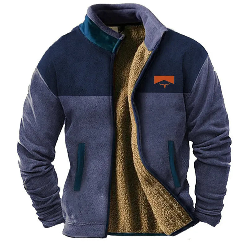 Men's green polyester fleece padded coat shown on a hanger, regular length.