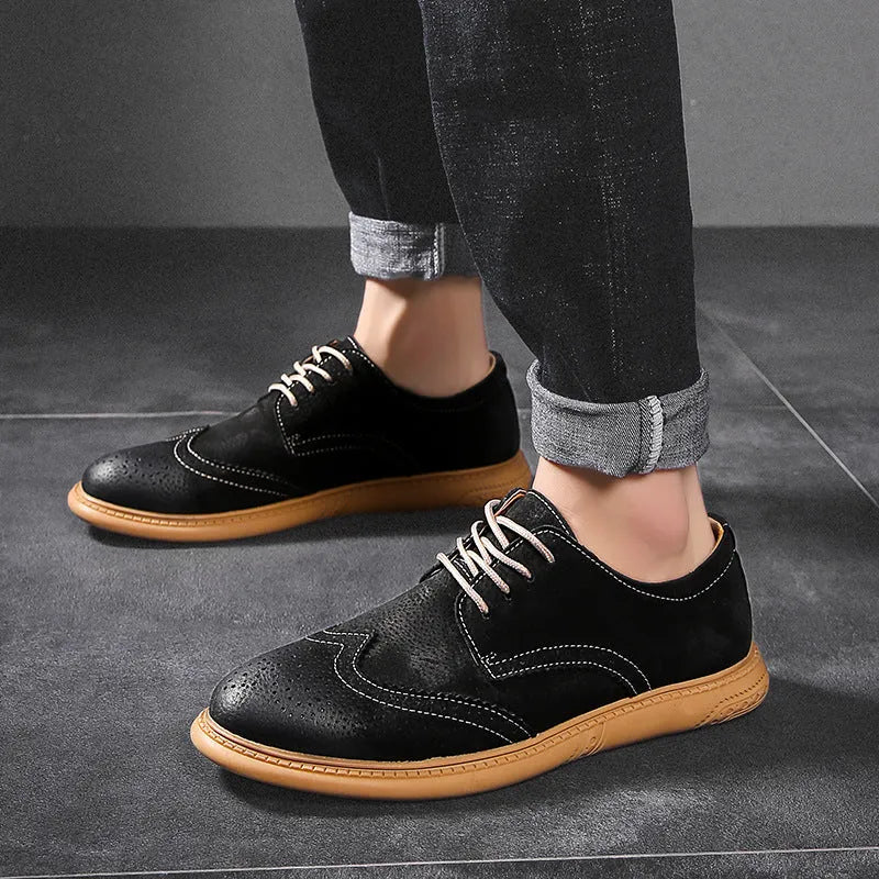 Men's black leather business lace-up shoes with retro stitching on a non-slip rubber sole.