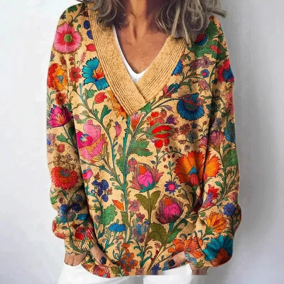 Women's retro-style V-neck sweatshirt with a 3D floral pattern print and long sleeves.