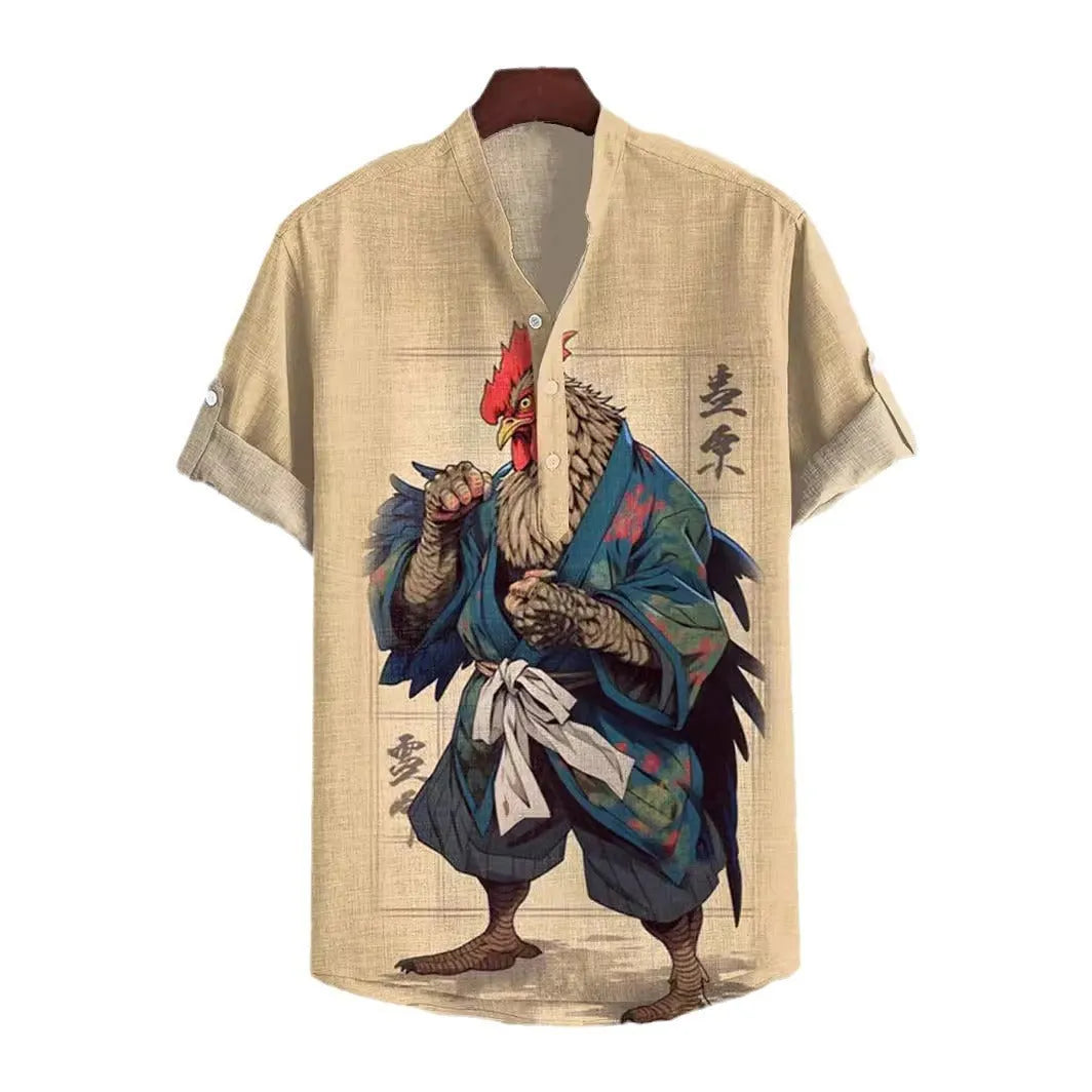 Men's 3D digital animal print short sleeve shirt in polyester fabric showing graphic design detail