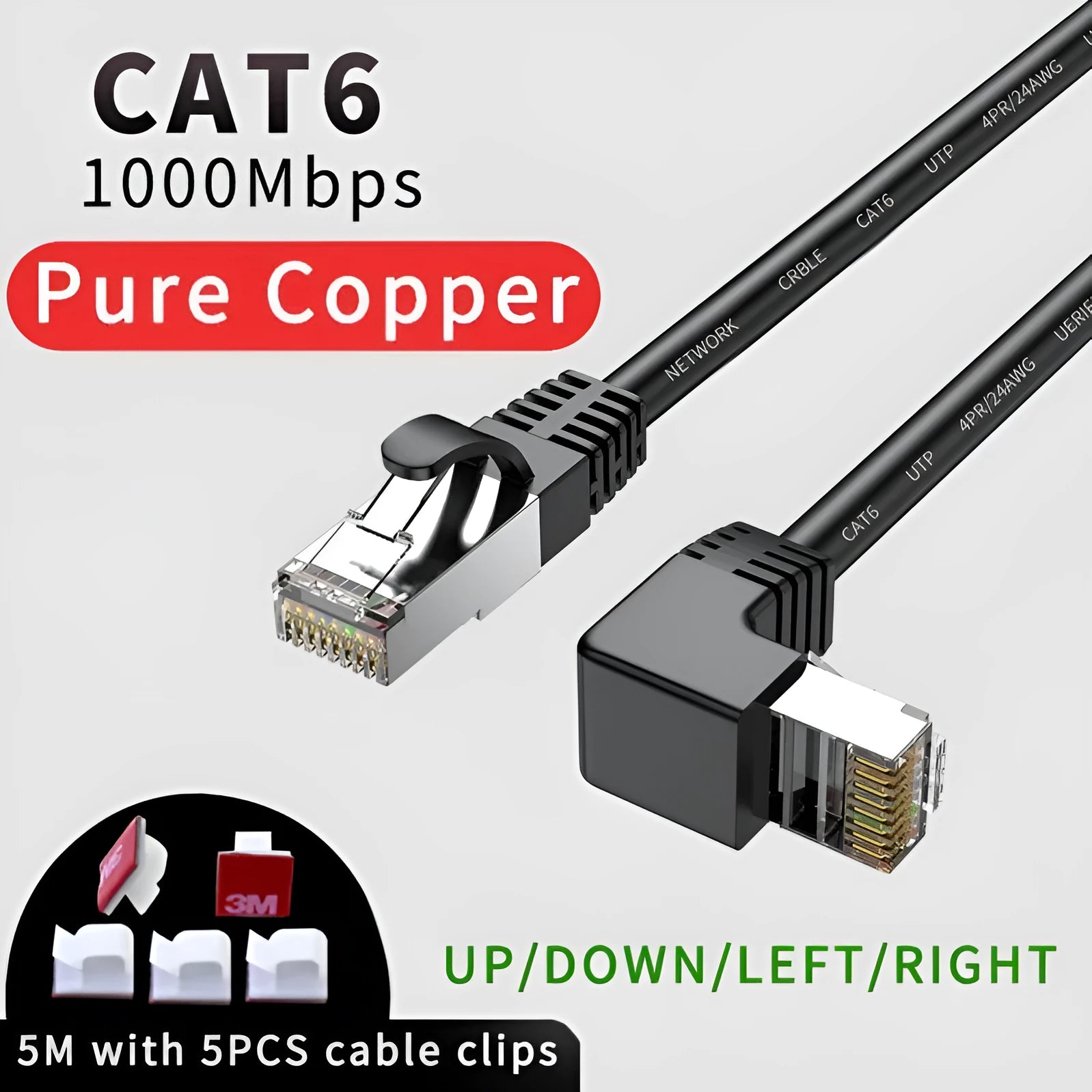 Cat6 Ethernet cable with right-angled metal RJ45 connector in various colours and lengths