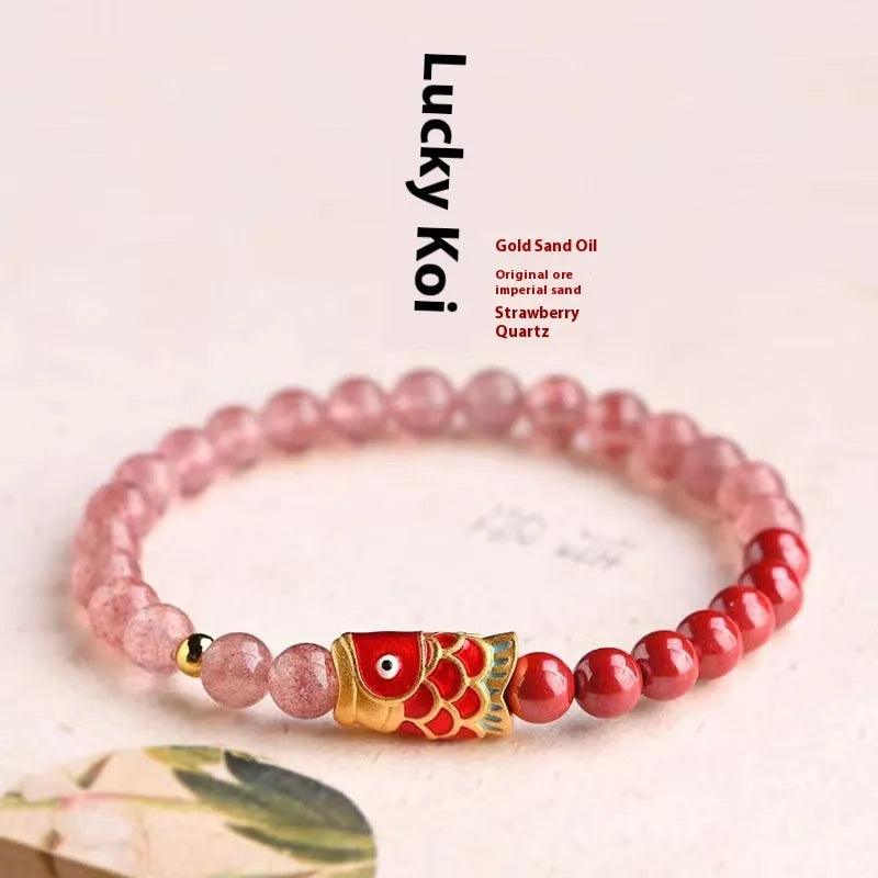 Purple cinnabar and pink strawberry quartz beaded bracelet with retro styling