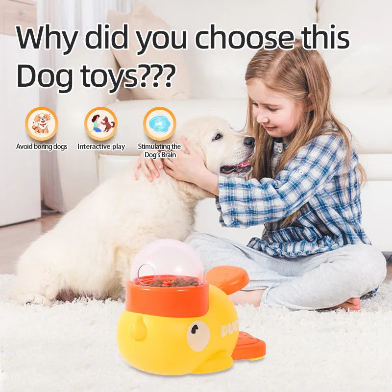 Yellow plastic dog puzzle feeder with cartoon duck design, battery-free interactive treat dispenser
