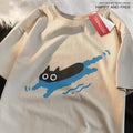 Diving black cat printed short sleeve cotton t-shirt in straight cut design