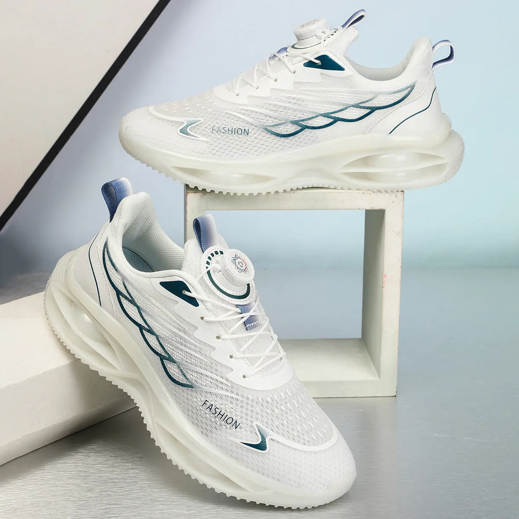 A pair of casual breathable running shoes in a solid colour with a mesh upper, rubber sole, and lace-up front.