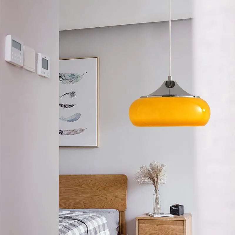 Bauhaus style three-headed pendant light with milk white egg tart glass shades