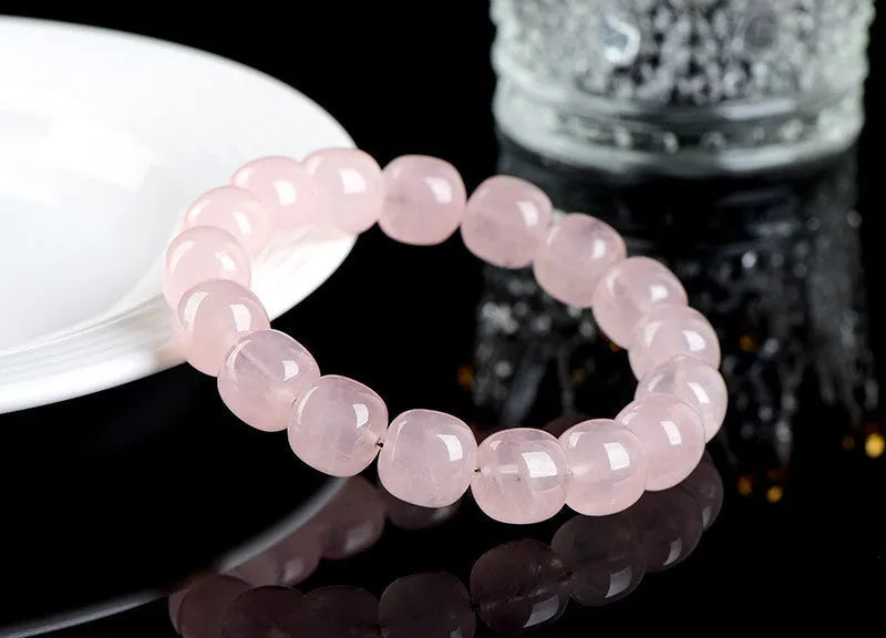 Natural bamboo crystal barrel bead bracelet with 11x12mm pink geometric beads and unisex design