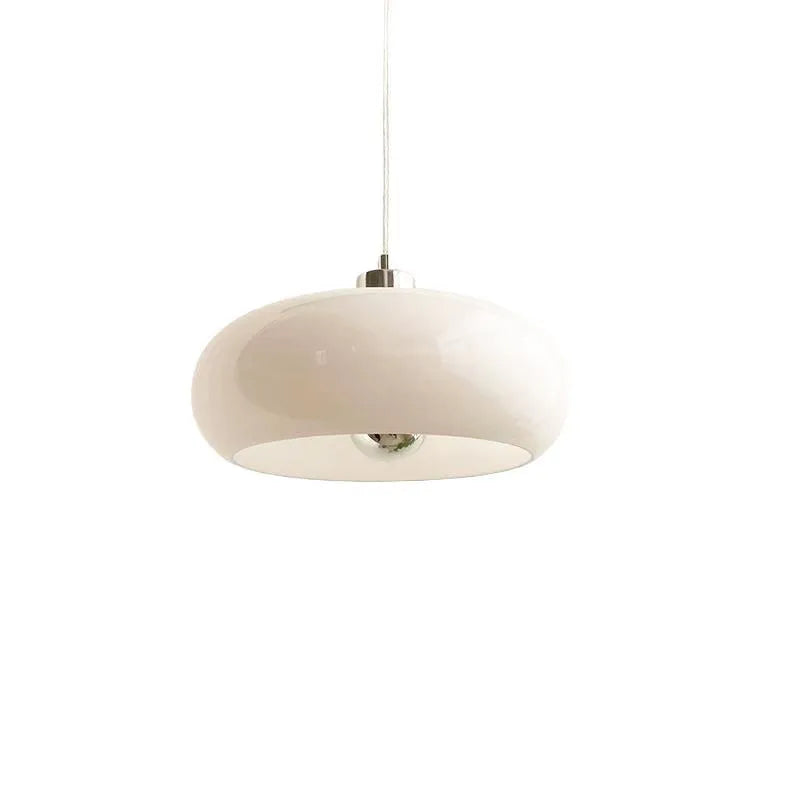 Bauhaus style three-headed pendant light with milk white egg tart glass shades