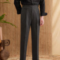 Men's slim fit straight leg business trousers in dark grey, light brown, and light apricot.