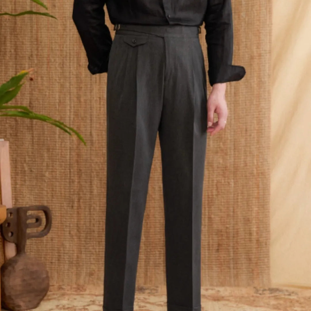 Men's slim fit straight leg business trousers in dark grey, light brown, and light apricot.