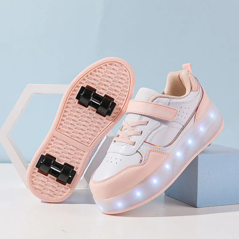 LED roller skates with flashing wheels in multiple colours including black, white, pink and purple options