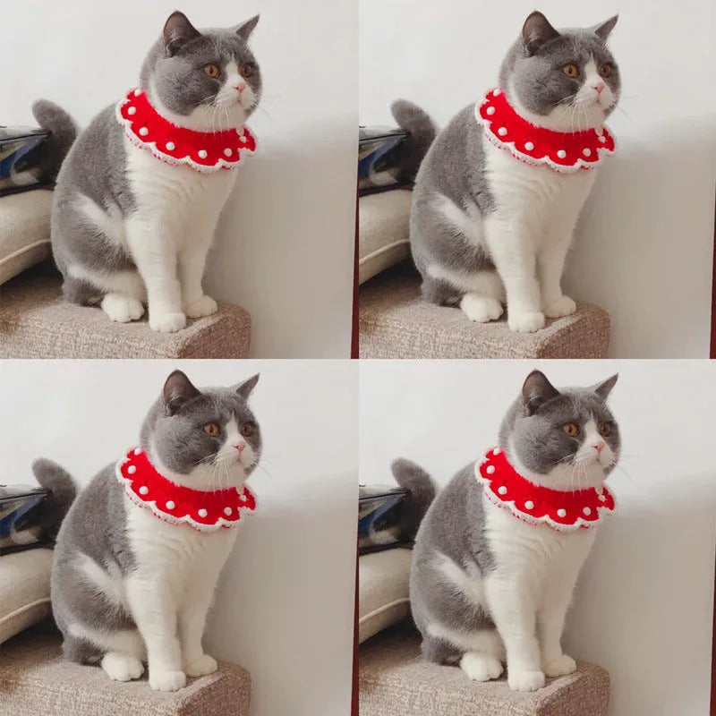 Handmade wool knitted pet collar with cartoon pattern for cat, dog, or rabbit.