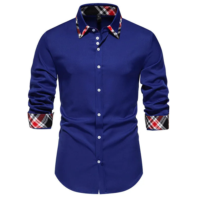 Men's blue plaid long sleeve shirt with triangle collar on hanger