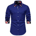 Men's blue plaid long sleeve shirt with triangle collar on hanger