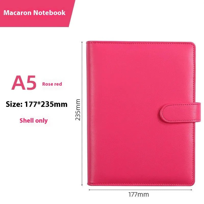 A5 PU leather zipper notebook shell in multiple solid colours, showing closed and open views.