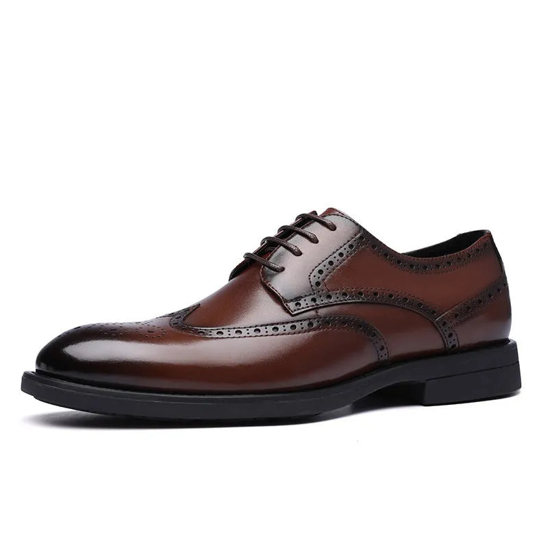 Men's black and brown brogue leather shoes for business occasions with traditional perforated detailing