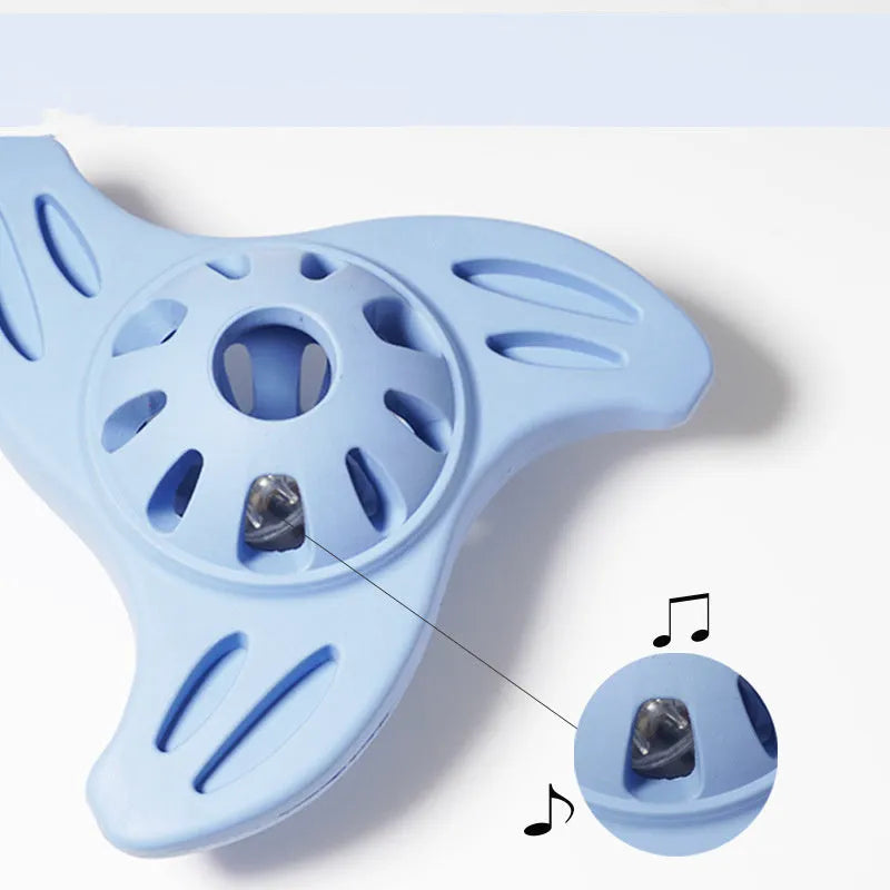 Blue boomerang-shaped dog chew toy with multiple edges for medium and large breed dogs