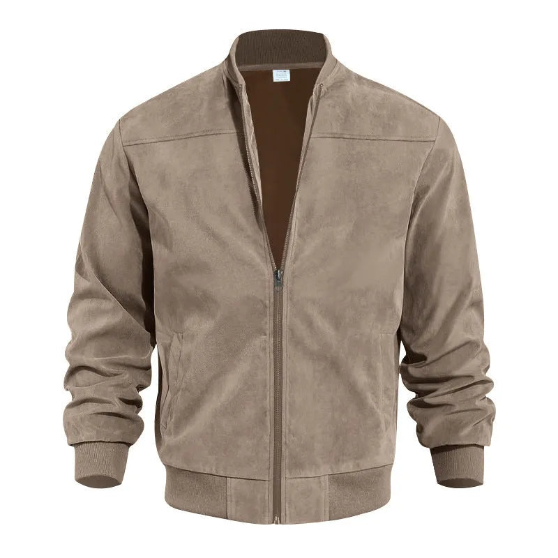 Men's suede flight jacket solid colour with round hem and long sleeves