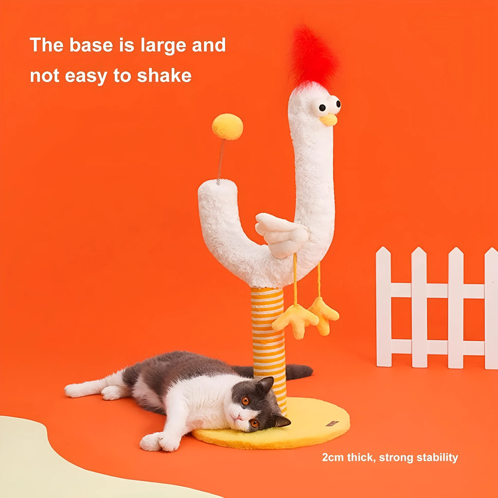 Tall sisal rope cat scratching post with U-shaped design and a red spring ball toy at the top