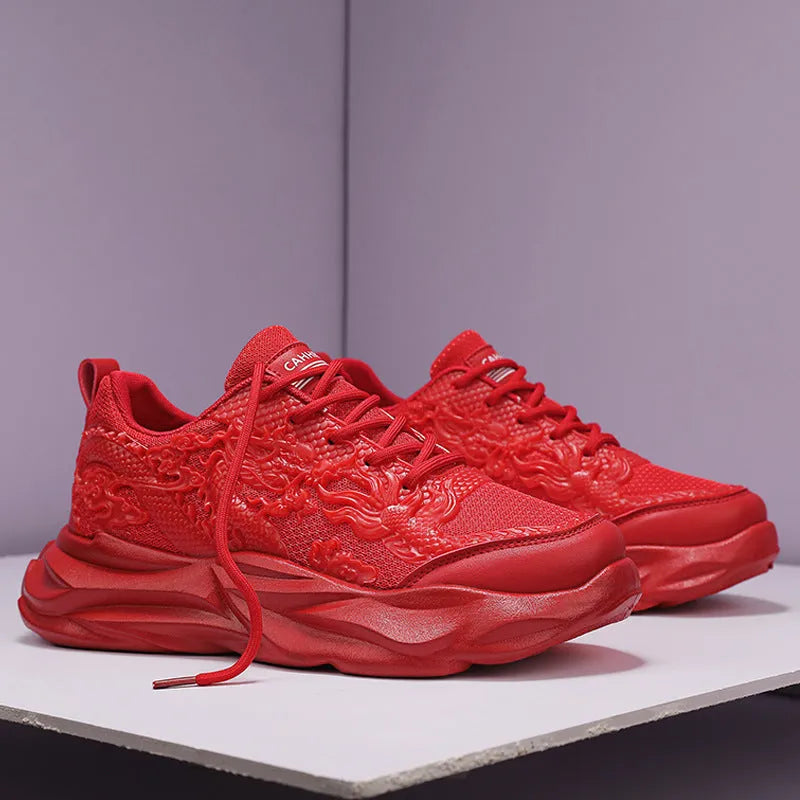 Chinese Loong casual sneakers with dragon design on breathable fly knit upper and rubber sole