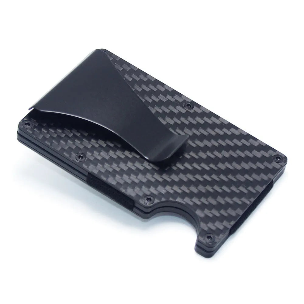 Geometric carbon fibre business card holder showing 8mm thickness with multiple colour finish options