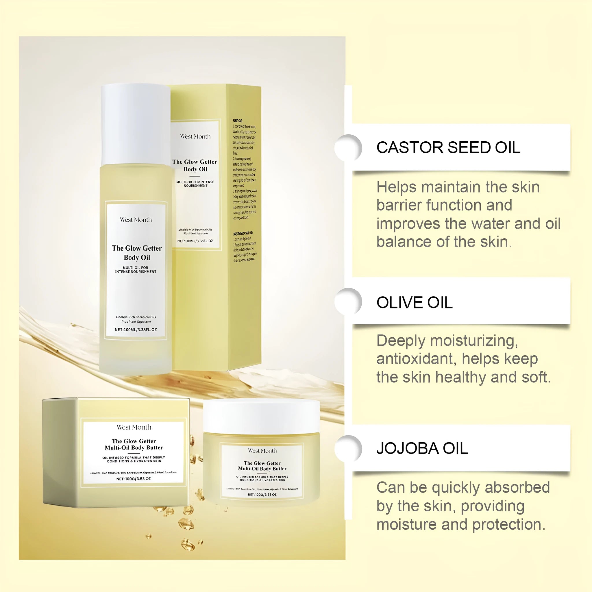 Nourishing and firming body care kit with skincare oil and moisturising cream for massage treatments
