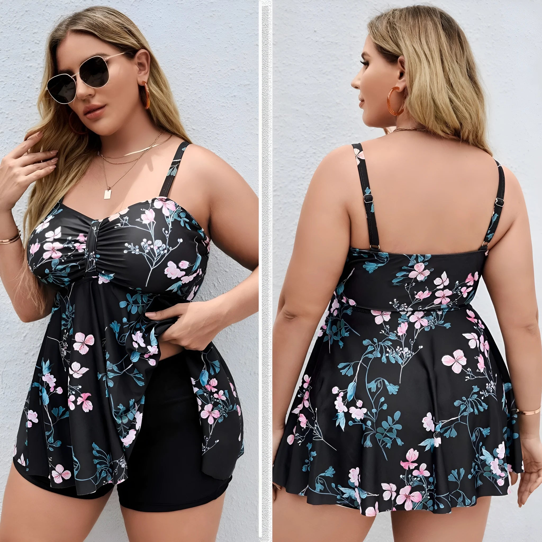 Women's floral print one-piece swimsuit with split colour design on mannequin