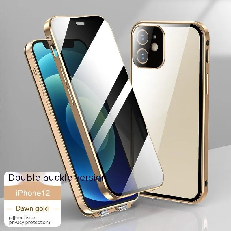 Glass privacy phone case with a double-sided buckle shown in multiple colours for iPhone models.