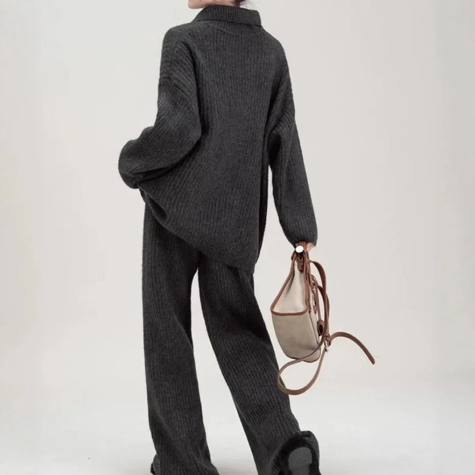 Imitation cashmere sweater suit two-piece set in four colours with long sleeves and trousers