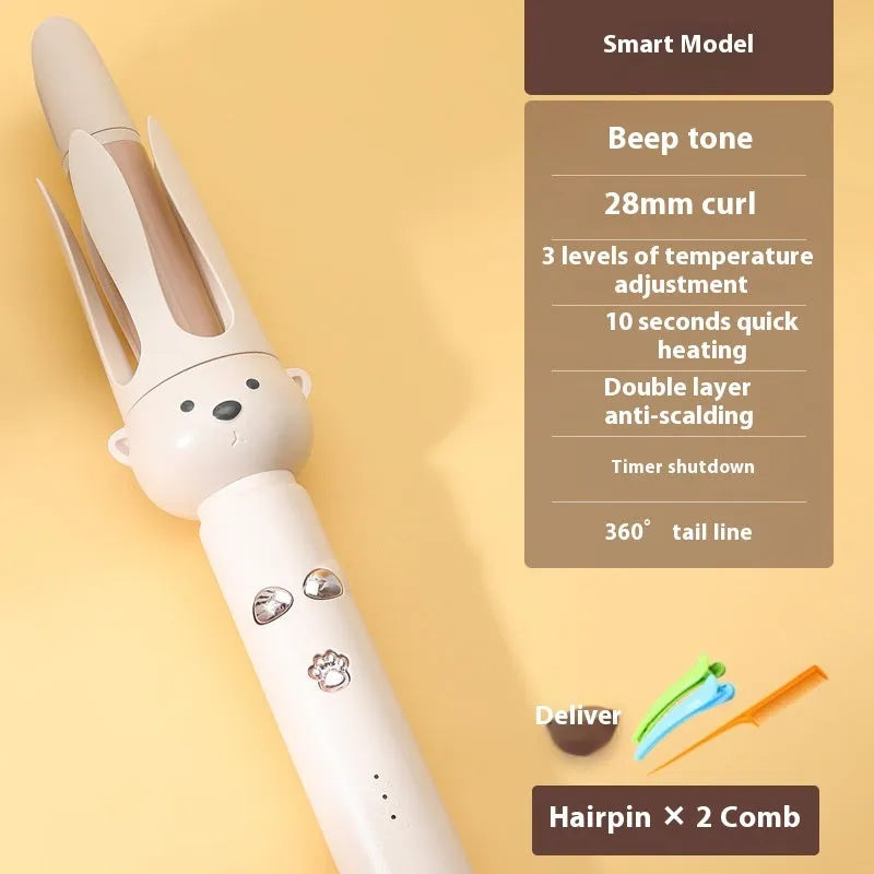 Beige anion automatic hair curler with styling stick on white background
