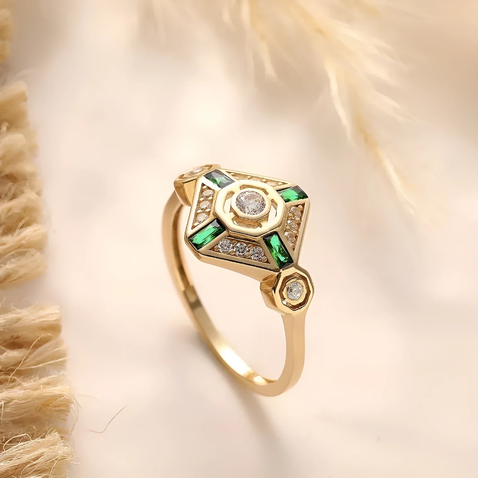 Square geometric women's emerald diamond ring with electroplated lvzuan colour finish